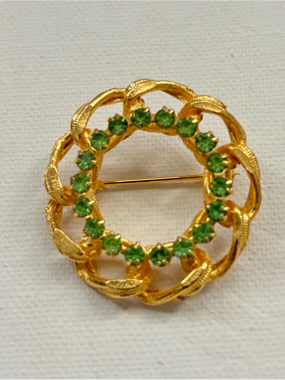 Gold-Tone Brooch with Green Crystal Wreath